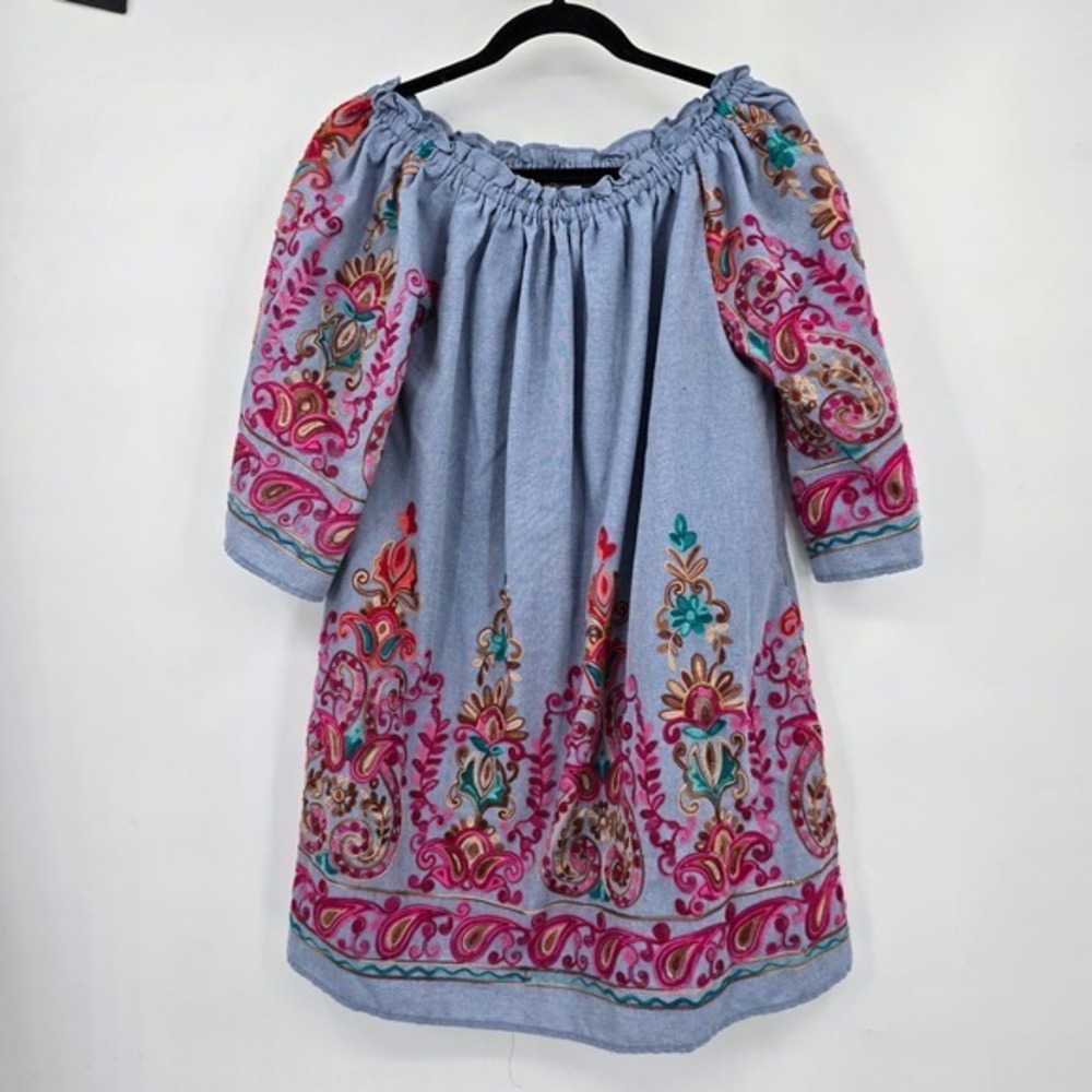 Blu‎ Heaven Chambray Embroidered Off Shoulder Dress Bohemian Festival Women S
